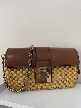 Michael Kors Brown Leather & Natural Straw with Gold Chain